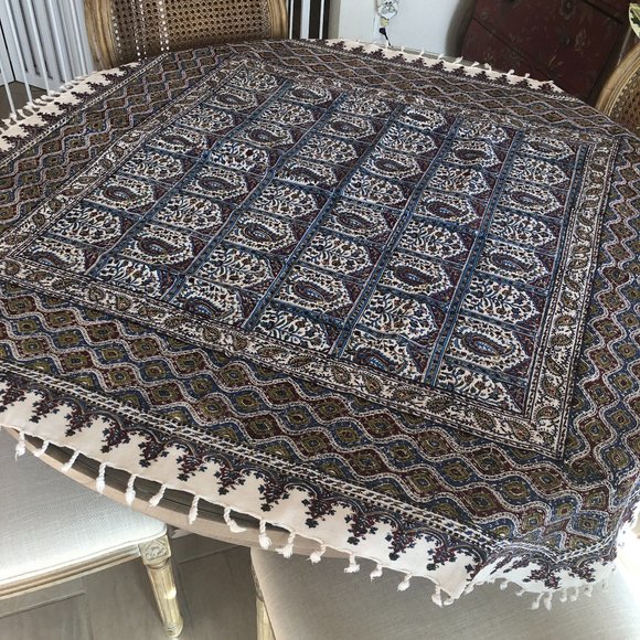 Middle Eastern Style Tablecloth Hand Printed Bohemian Paisley Cotton 48" x 48" - Picture 1 of 9
